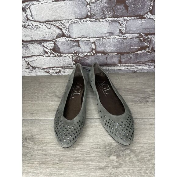 AGL Grommet Gray Suede Leather Studded Pointed Toe Flats Women’s Sz 38EU/7.5M US - Picture 10 of 16